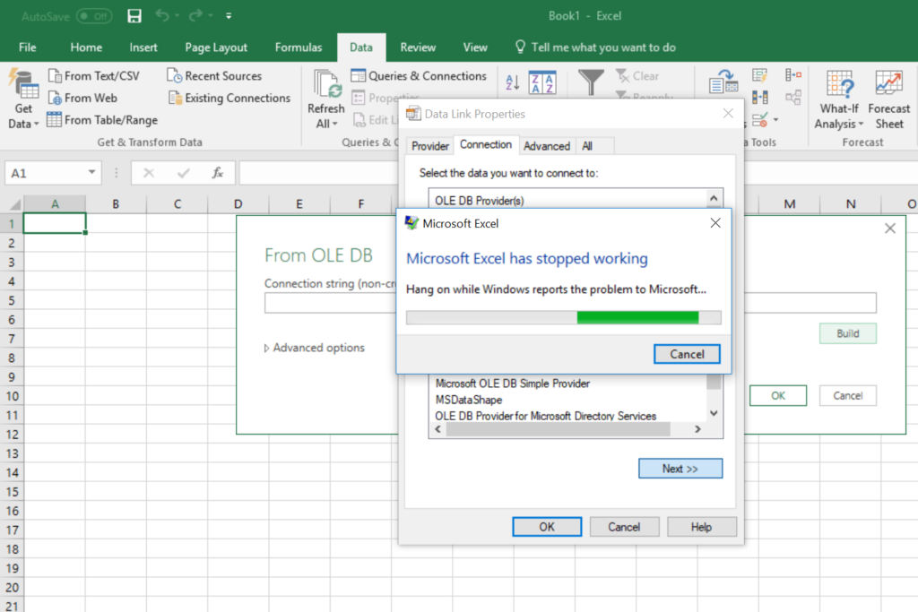 Microsoft Excel has stopped working while setting up an OLE DB connection string